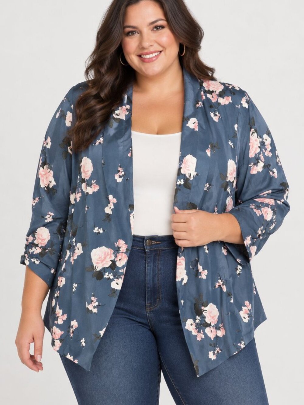 Torrid Floral Blazer 4X Blue Pink Rose Open Front Plus Size Jacket